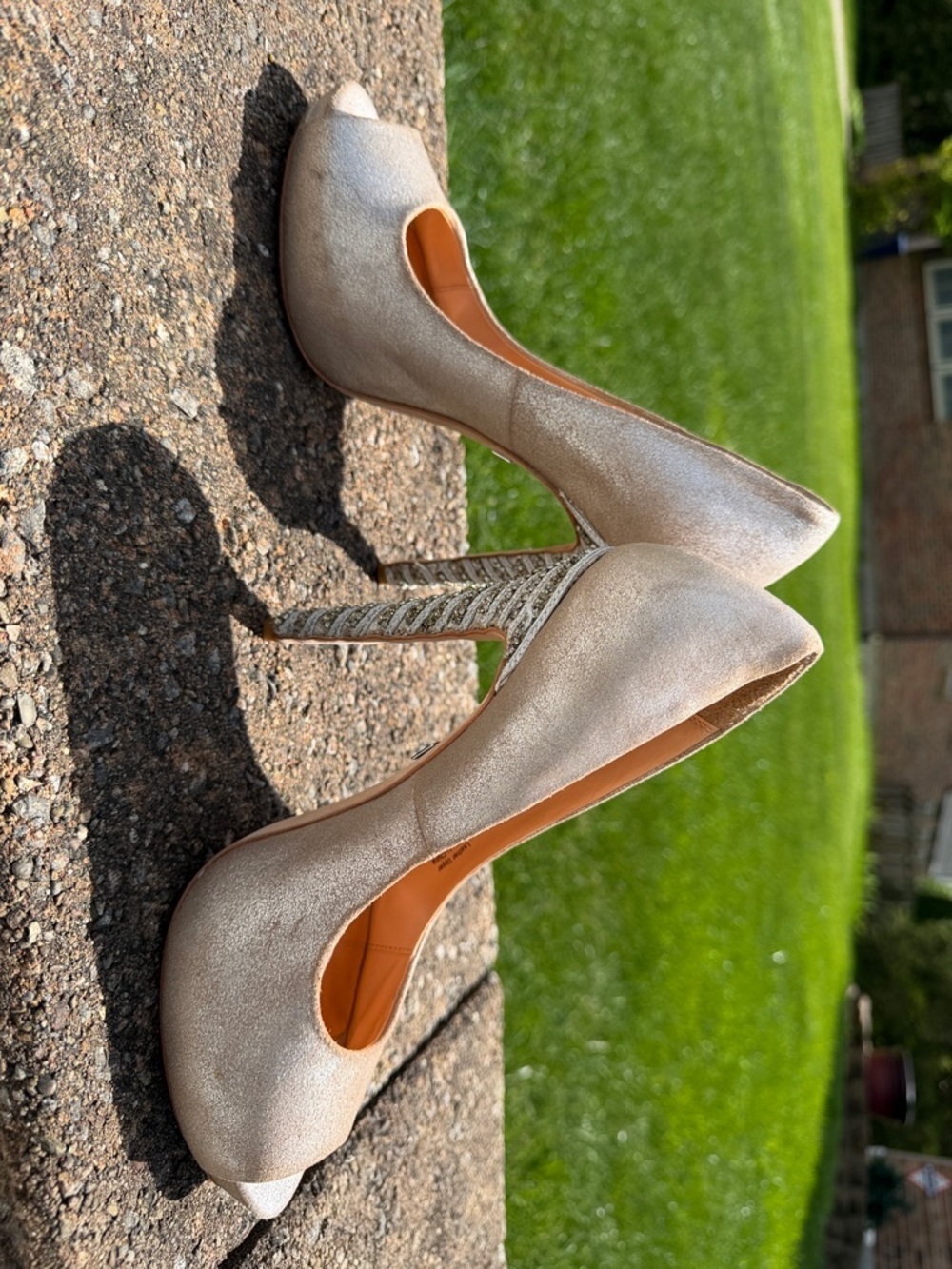 Badgley Mischka Champagne Peep-Toe Heels with Embellished Stiletto
